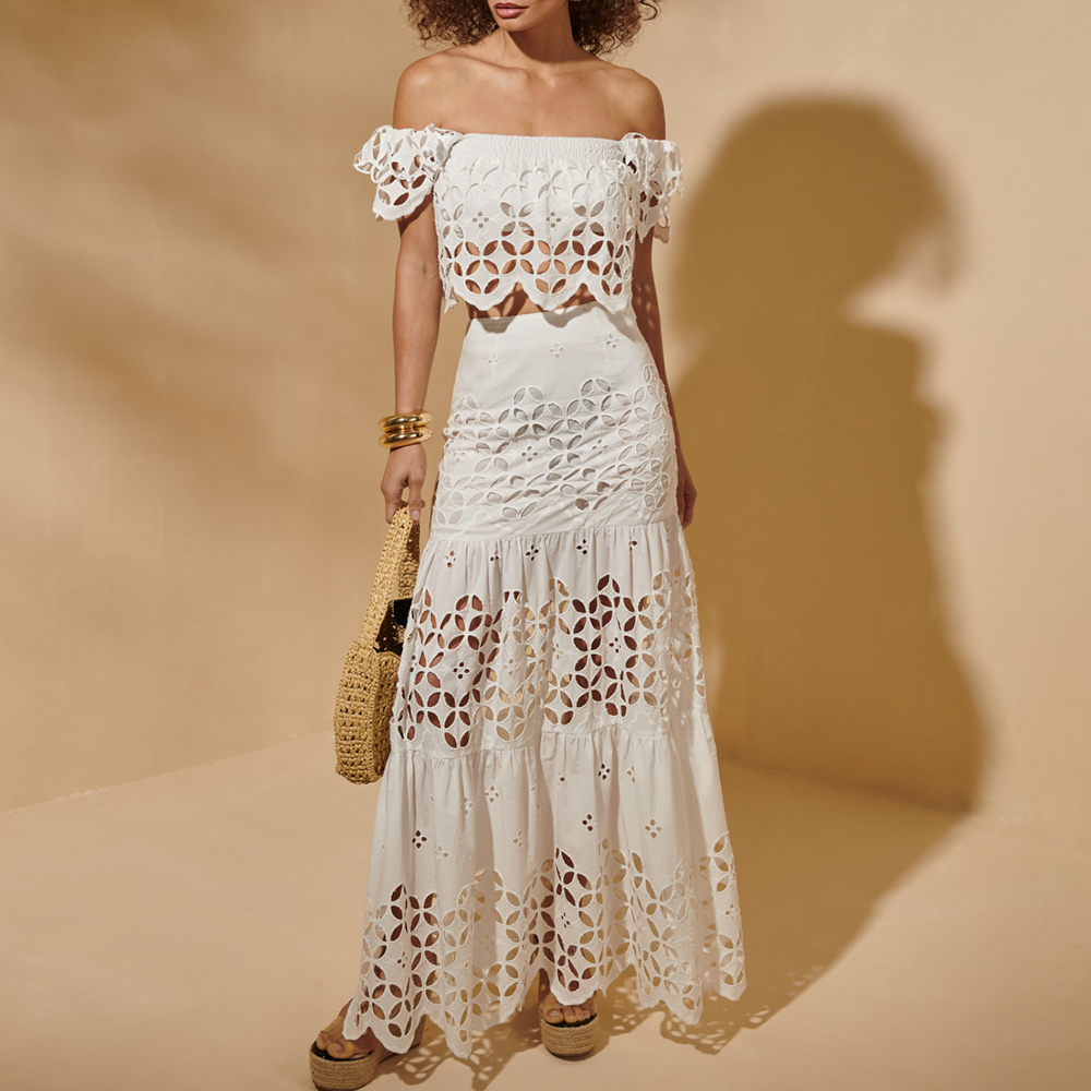 White Laser Hollowing Bikini Swimsuit and Skirt