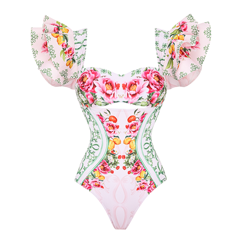 Ruffle Cut Out Lemon Floral Pattern Print One Piece Swimsuit and Skirt