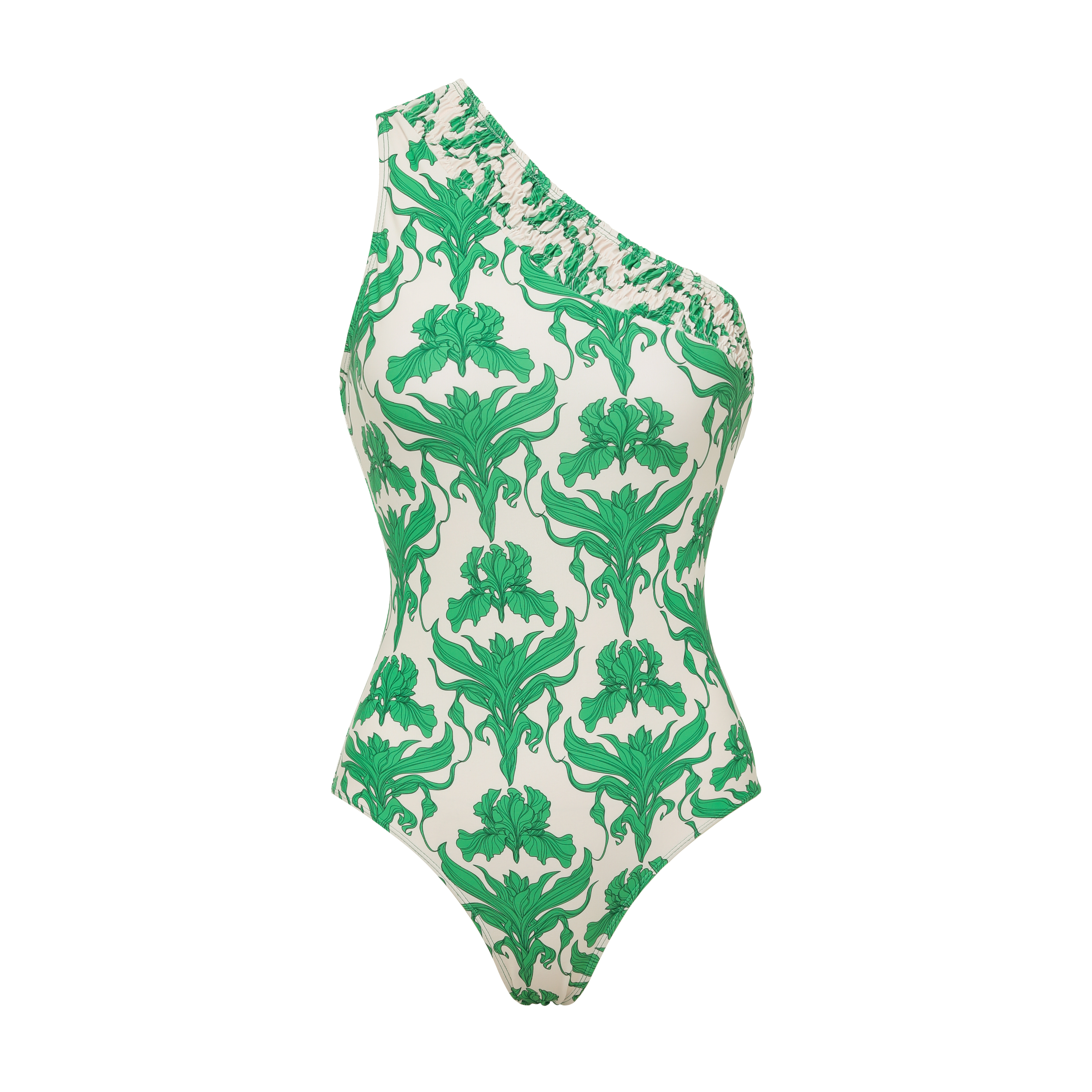 One Shoulder Shirring Iris Print One Piece Swimsuit and Skirt