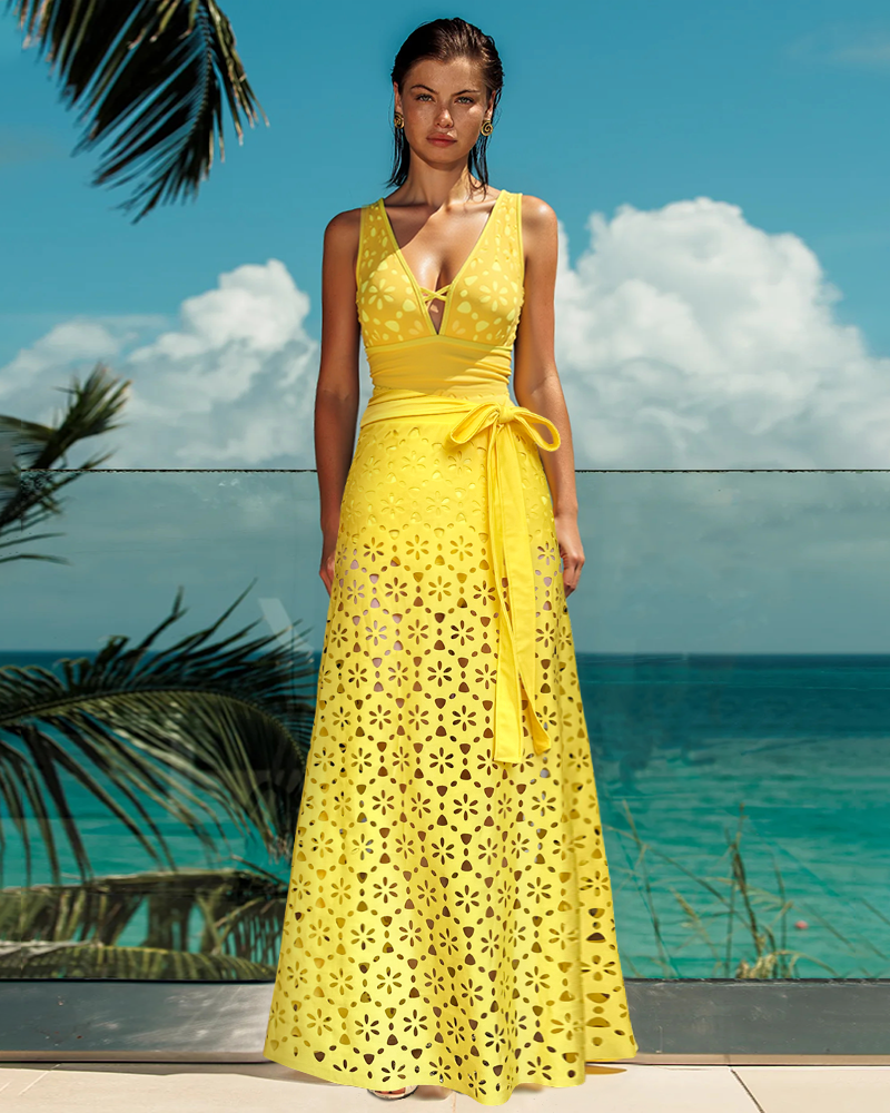 Yellow Color Laser Cutting Flower Hollow One Piece Swimsuit and Skirt