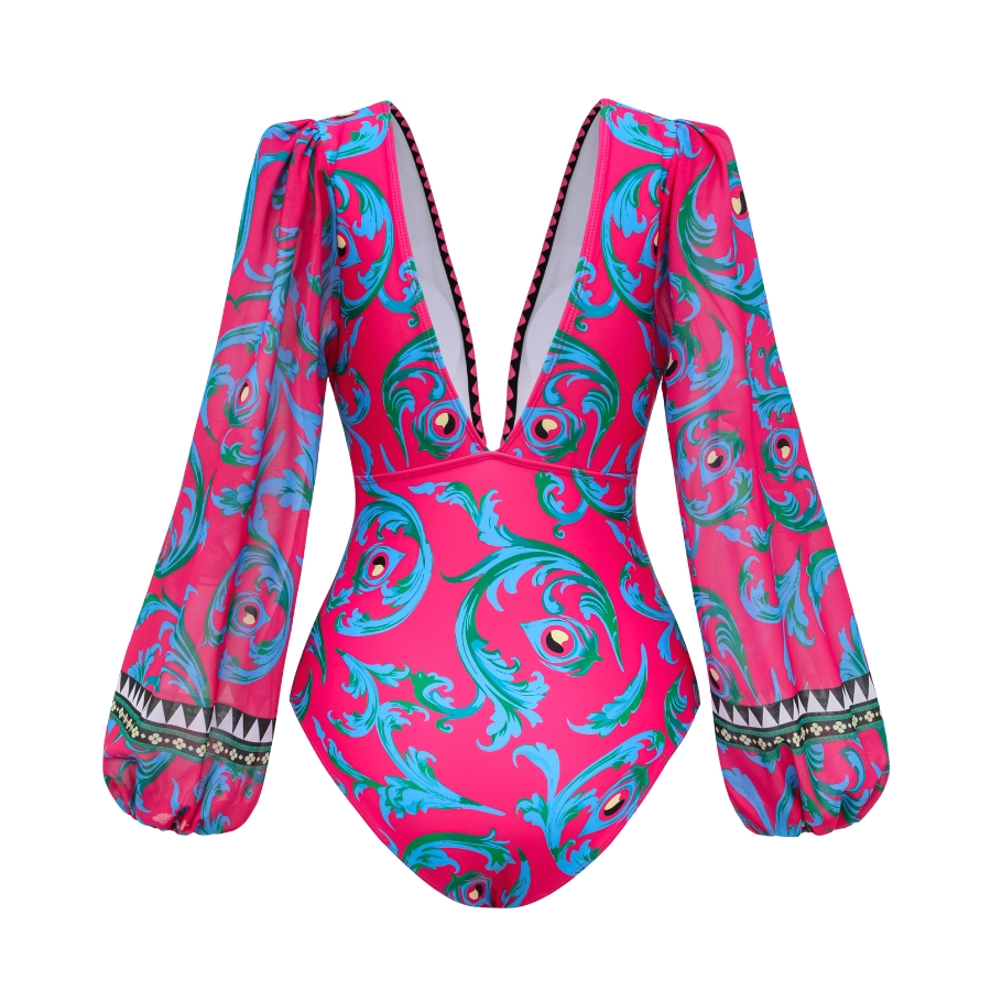 Long-sleeved Peacock Totem Print One Piece Swimsuit and Sarong Flaxmaker