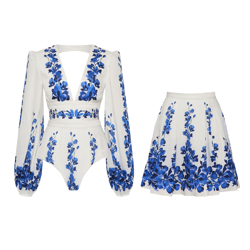 Printed Long Sleeve One Piece Swimsuit and Skirt