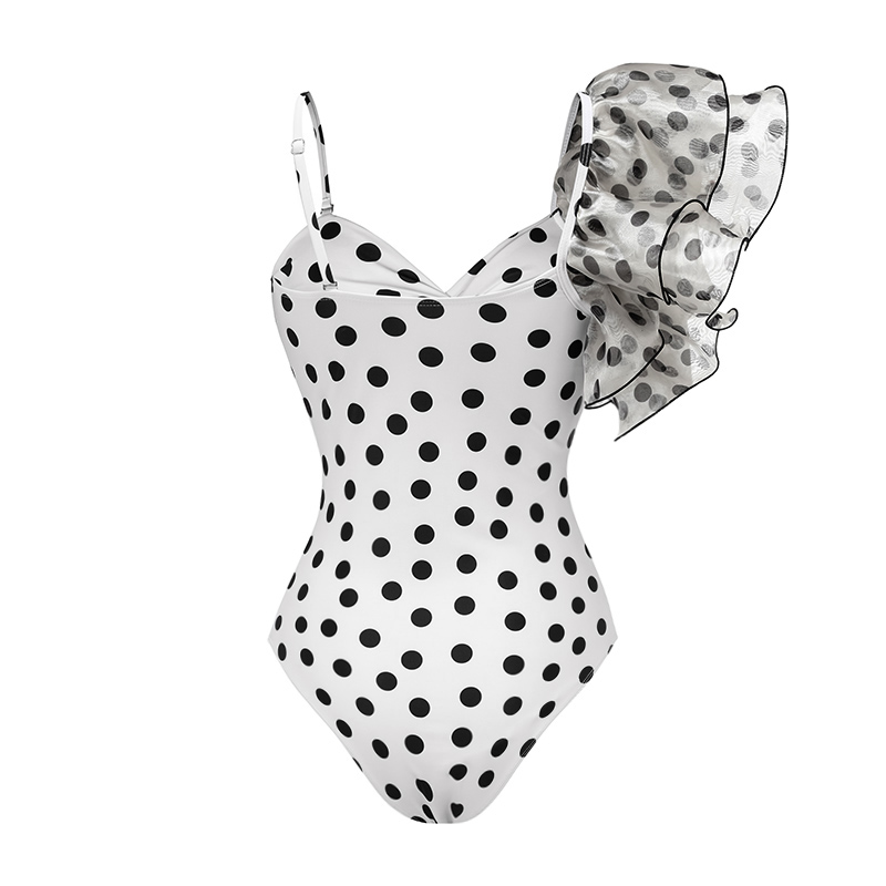 One Shoulder Ruffle Dot Printed Cut Out One Piece Swimsuit and Skirt Flaxmaker