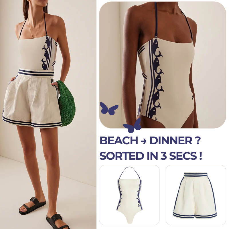 Navy Style Printed One Piece Swimsuit and Shorts