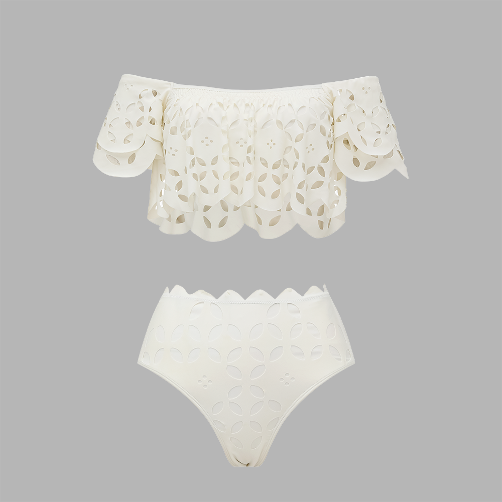 White Laser Hollowing Bikini Swimsuit and Skirt