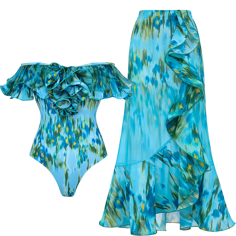 Removable Shoulder Strap Off Shoulder Ruffle Abstract Pattern Print One piece Swimsuit and Skirt