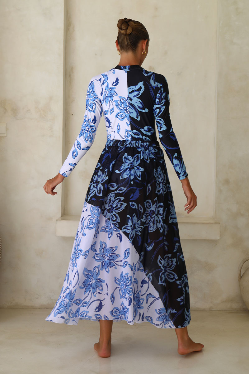 Color Block Printed Long Sleeve One Piece Surf Swimsuit and Skirt