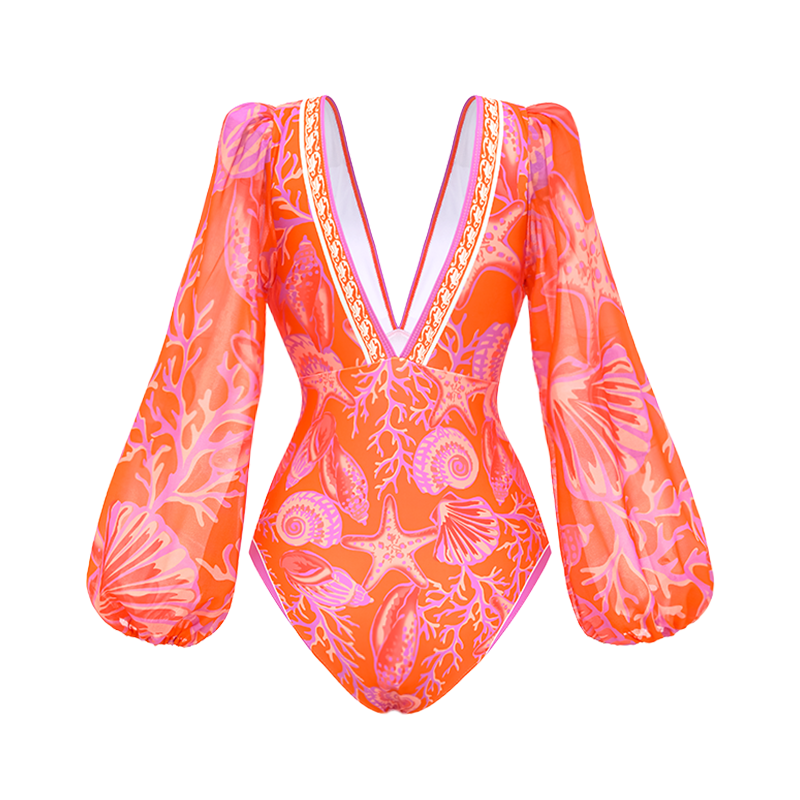 Long-sleeved V Neck Marine Plant Pattern Print One Piece Swimsuit and Skirt