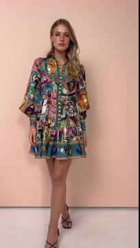 Lace up Printed Lantern Long Sleeve Mini Dress