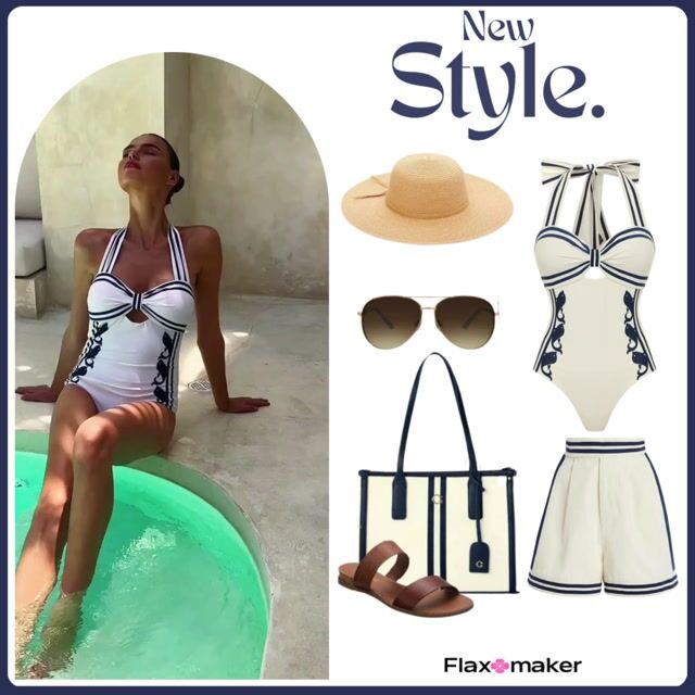 Navy Style Printed Bow Tie Decor One Piece Swimsuit and Skirt