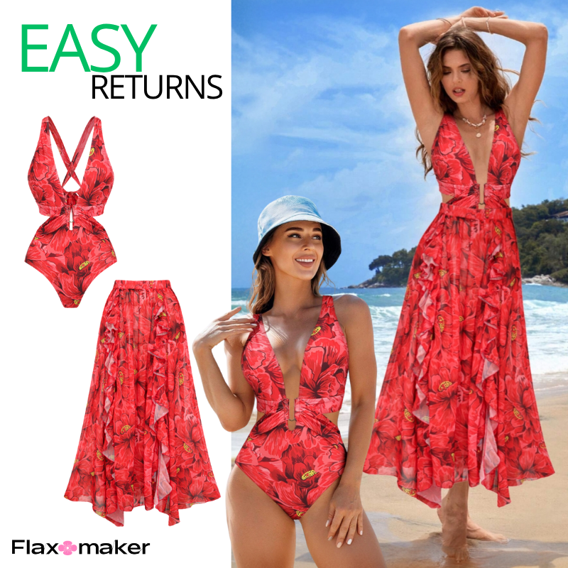 Blooming Red Flower Print Cut Out One Piece Swimsuit and Skirt