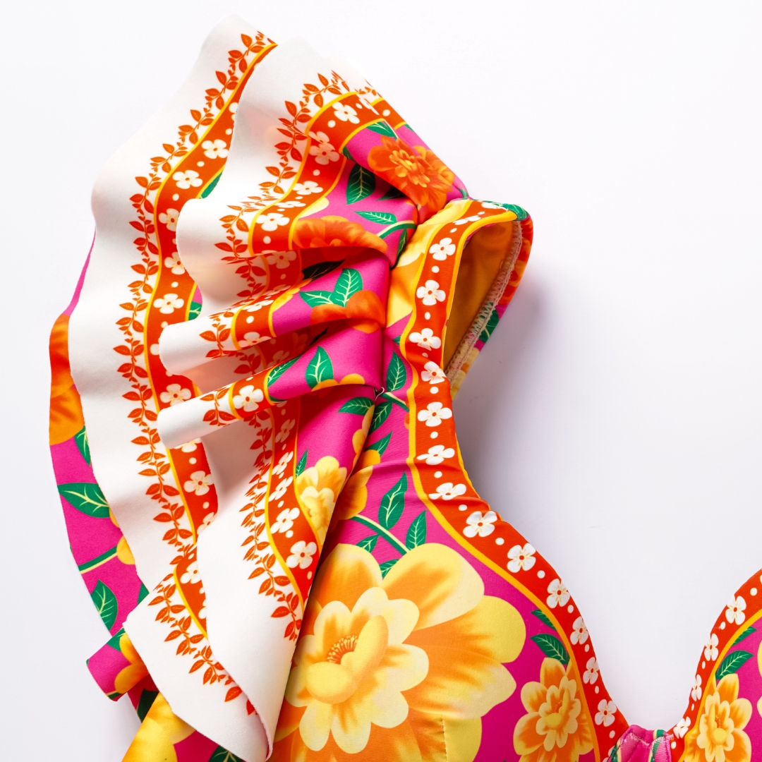 Ruffled Contrast Print One Piece Swimsuit and Sarong Flaxmaker
