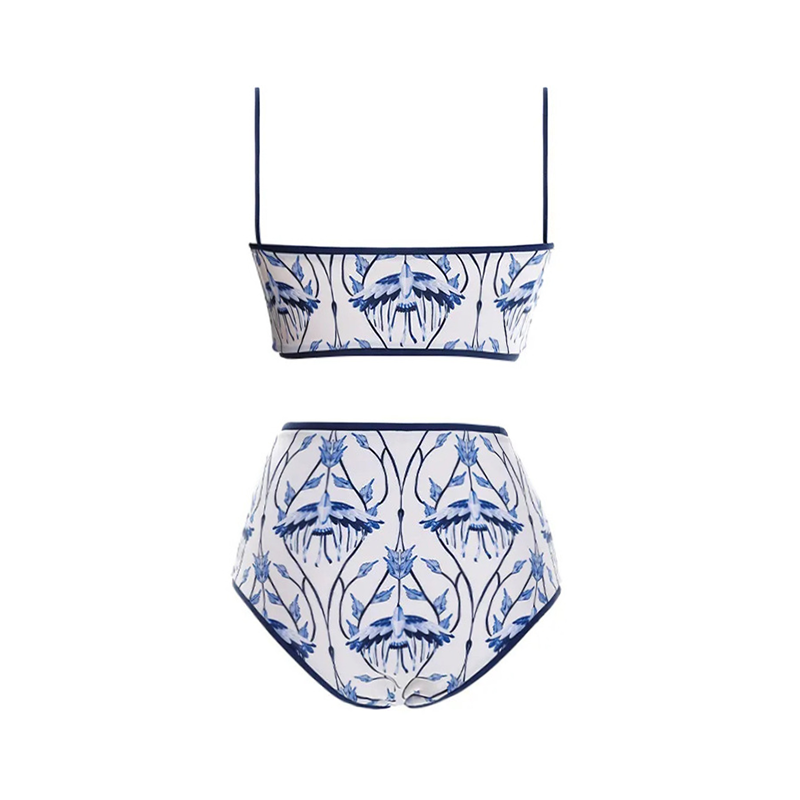 Strappy Blue Print High Waist Bikini Swimsuit and Sarong Flaxmaker