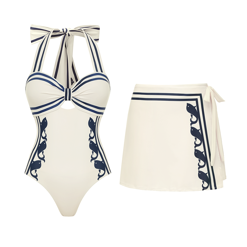 Navy Style Printed Bow Tie Decor One Piece Swimsuit and Skirt