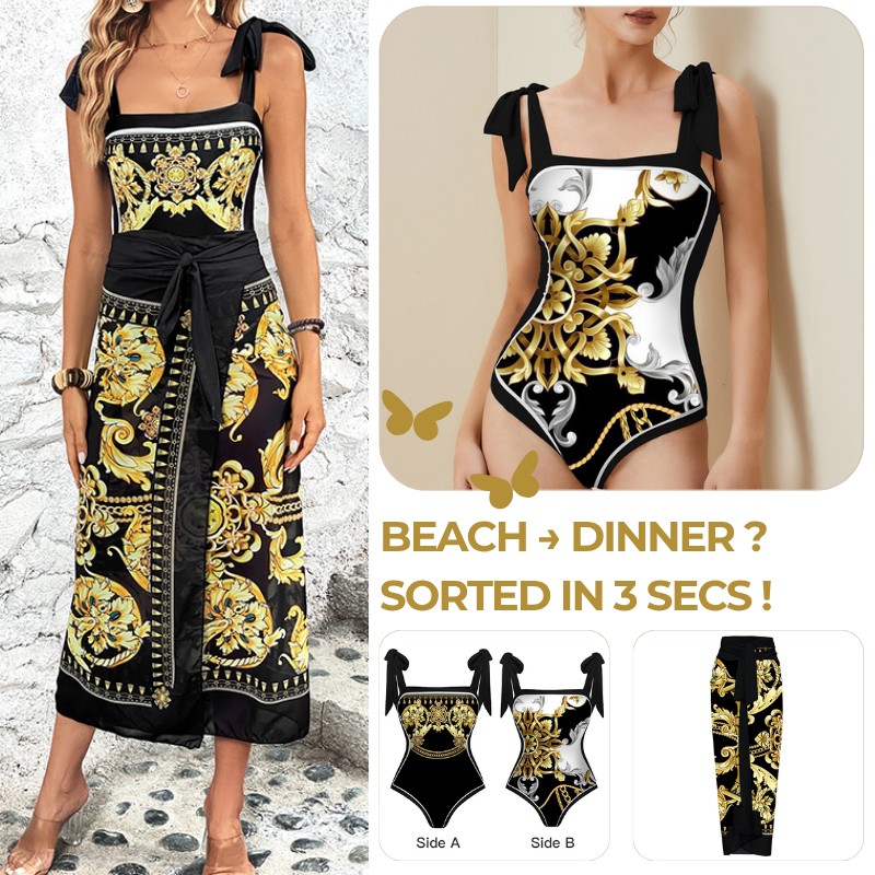 Reversible Tie-shoulder One Piece Swimsuit and Sarong Flaxmaker