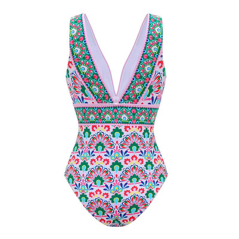 V Neck Printed One Piece Swimsuit and Skirt