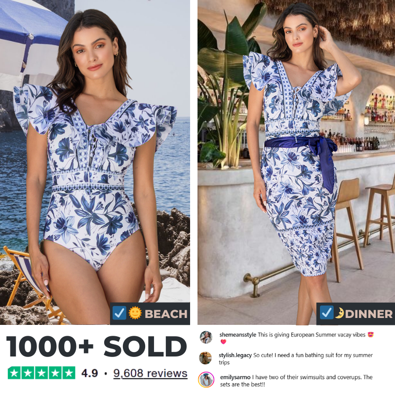 V Neck Ruffle Lace Up Printed One Piece Swimsuit and Skirt