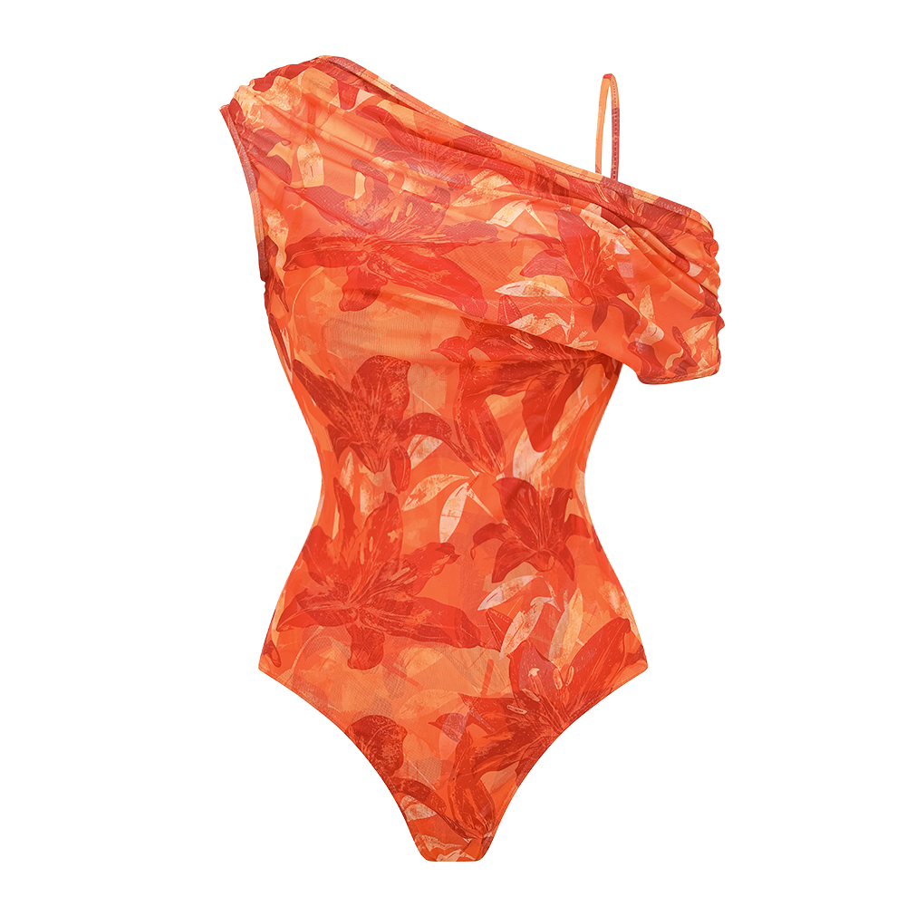 Orange Lily Print One Piece Swimsuit and Sarong (Multiple ways to wear)