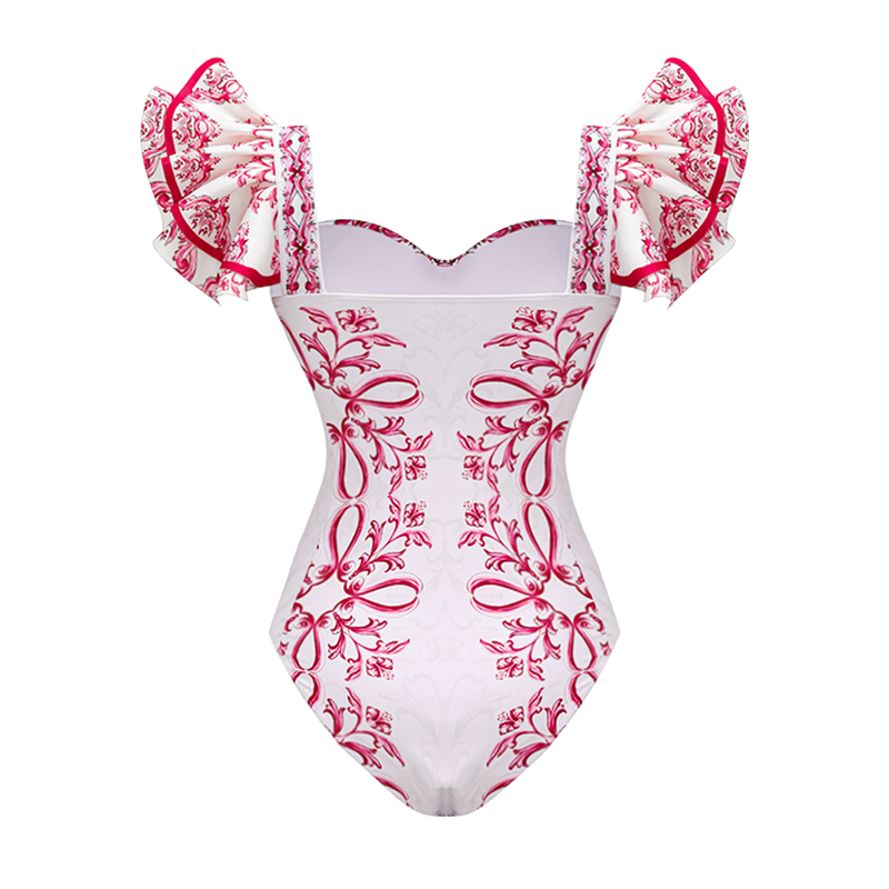 Ruffle Cut Out Lily and Majolica Series Pattern Print One Piece Swimsuit and Skirt or Pants
