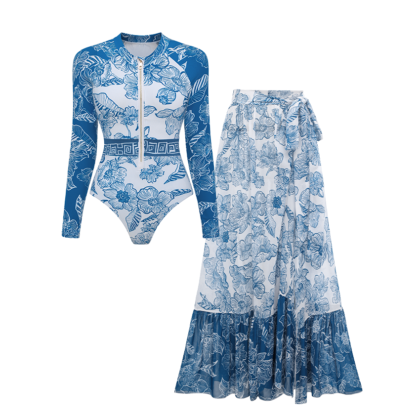 Color Block Long Sleeve Rashguard Swimsuit Set(s)