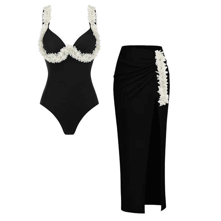 Sling White Folwer Solid Color Swimsuit Set(s)