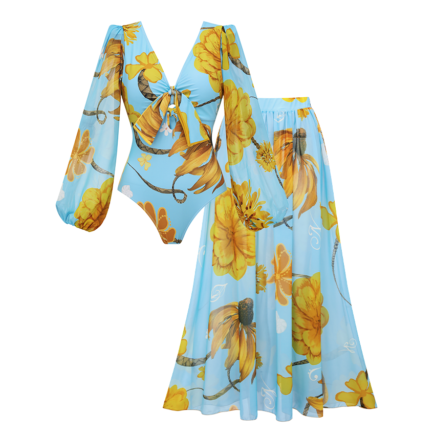 Netted Lantern Chrysanthemum Print Swimsuit Set(s)