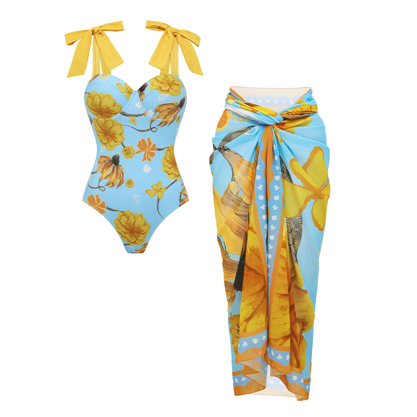 Bandage Bowknot Design Chrysanthemum Print Swimsuit Set(s)
