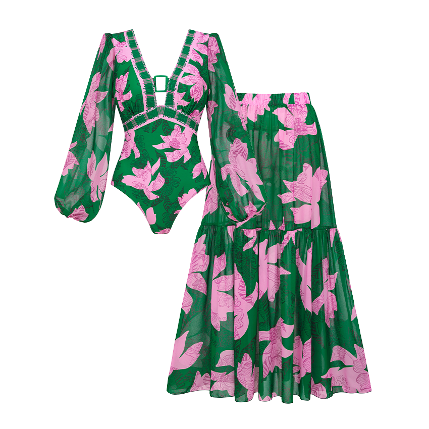 V Neck Long Sleeve Printed Swimsuit Set(s)