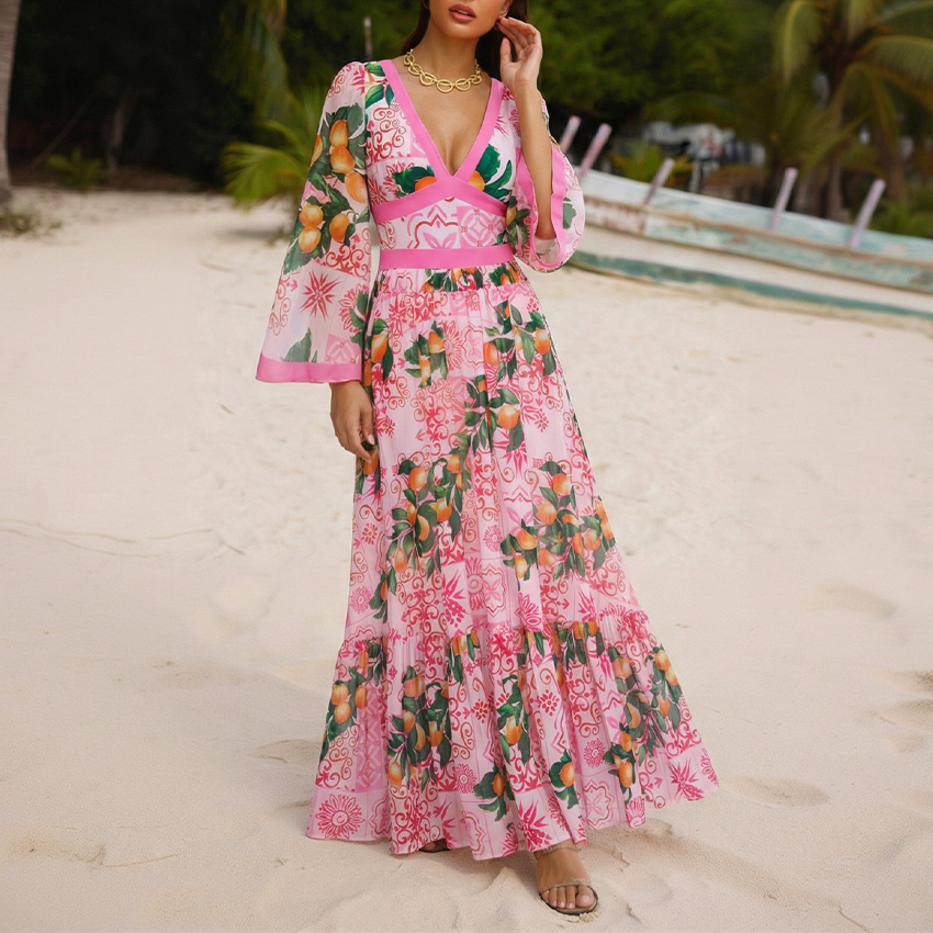 V Neck Long Sleeve Lemon Print Swimsuit Set(s)