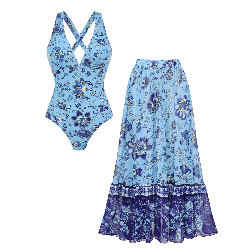 V Neck Printed Color Block Swimsuit Set(s)