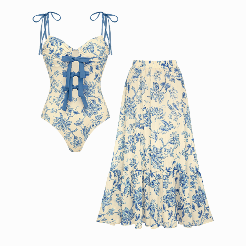 Bowknot Decor Cutout Printed Swimsuit Set(s)