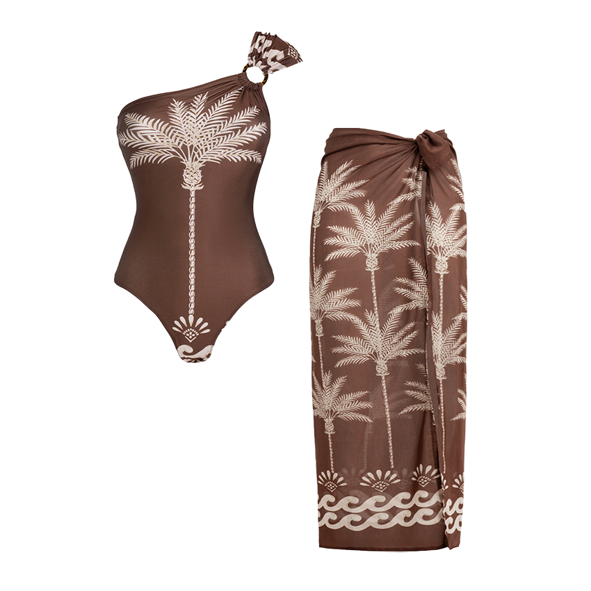 One Shoulder Palm Print Swimsuit Set(s)