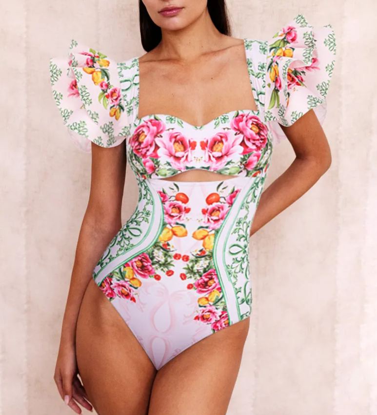 Ruffle Cut Out Lemon Floral Pattern Print One Piece Swimsuit and Skirt