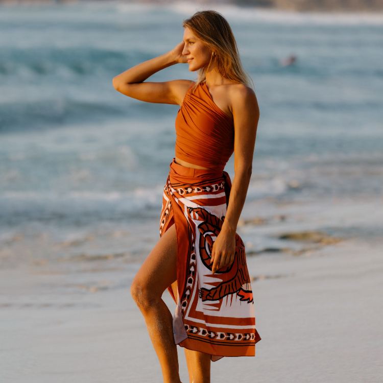 One Shoulder Ruched Rust High Waist Bikini Swimsuit and Sarong Flaxmaker