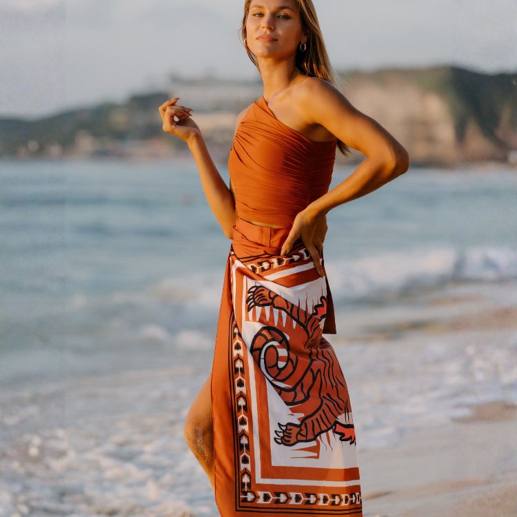 One Shoulder Ruched Rust High Waist Bikini Swimsuit and Sarong Flaxmaker