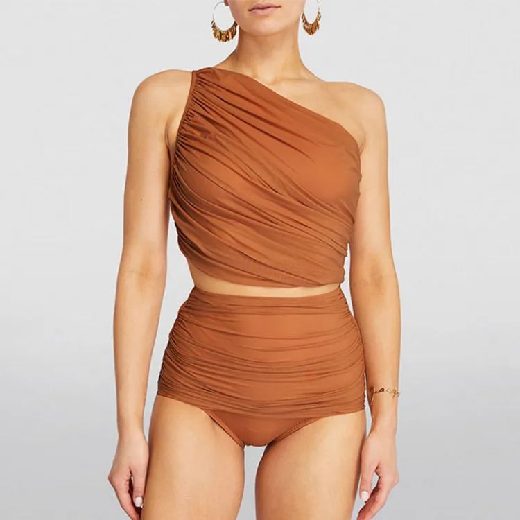 One Shoulder Ruched Rust High Waist Bikini Swimsuit and Sarong Flaxmaker