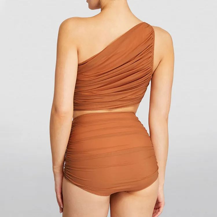One Shoulder Ruched Rust High Waist Bikini Swimsuit and Sarong Flaxmaker