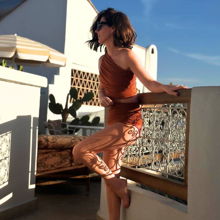 One Shoulder Ruched Rust High Waist Bikini Swimsuit and Sarong Flaxmaker