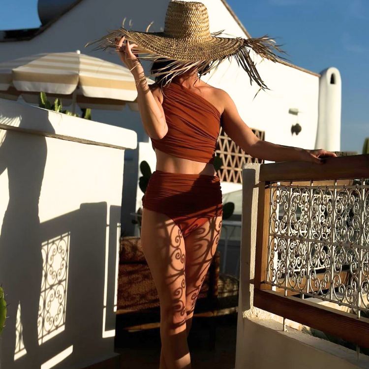 One Shoulder Ruched Rust High Waist Bikini Swimsuit and Sarong Flaxmaker