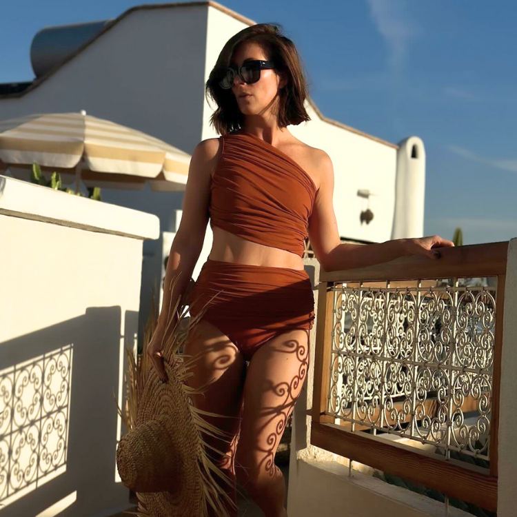 One Shoulder Ruched Rust High Waist Bikini Swimsuit and Sarong Flaxmaker