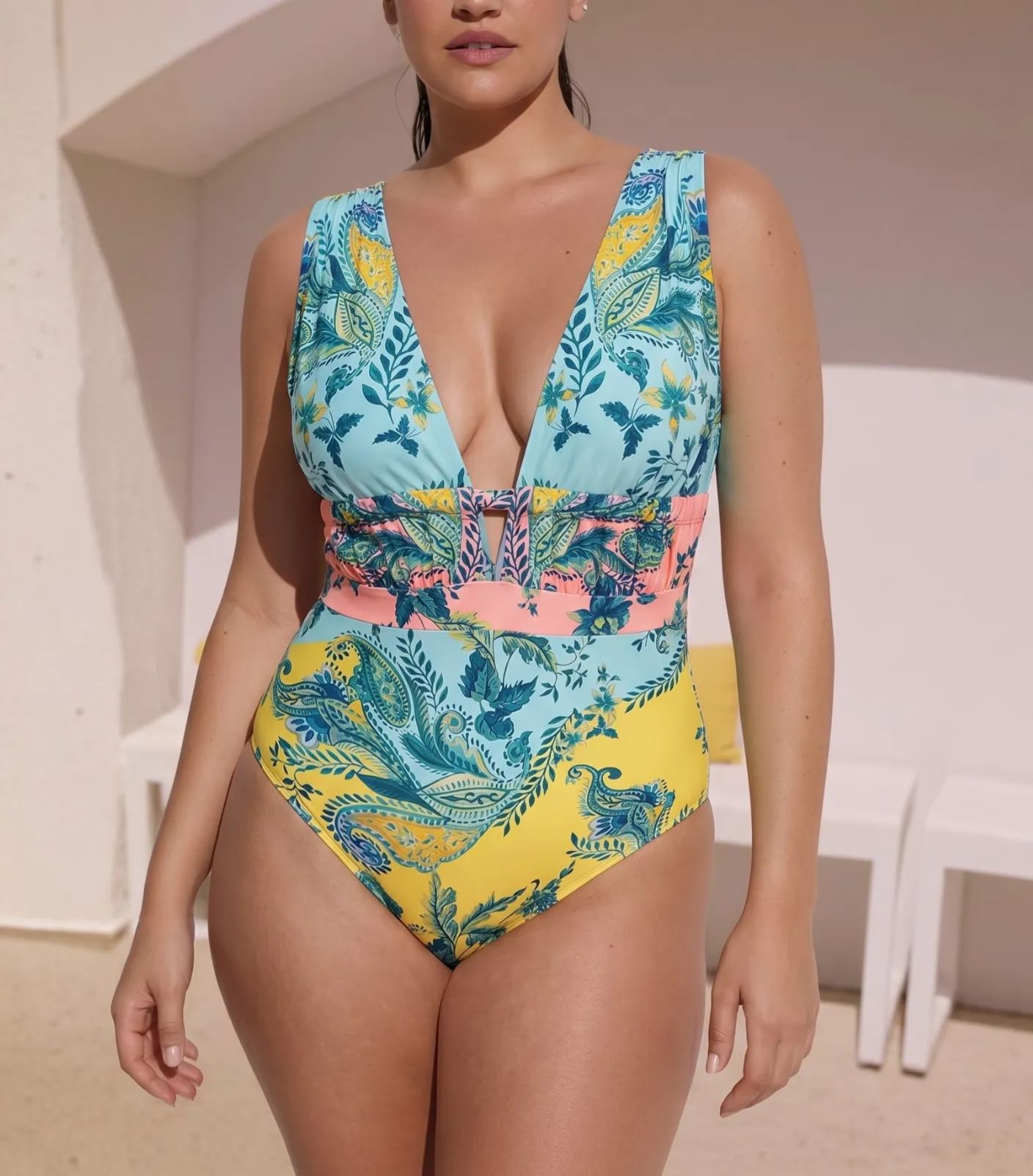 Plus Size Color Block Printed One Piece Swimsuit and Skirt