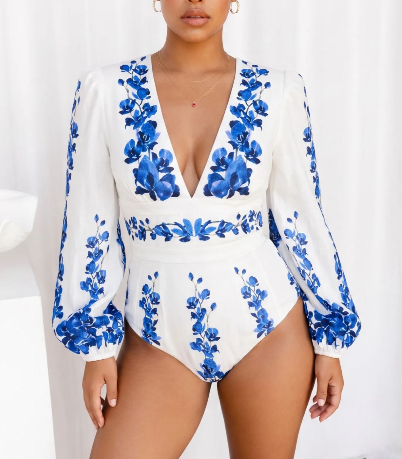 Plus Size Printed Long-sleeved One Piece Swimsuit and Skirt