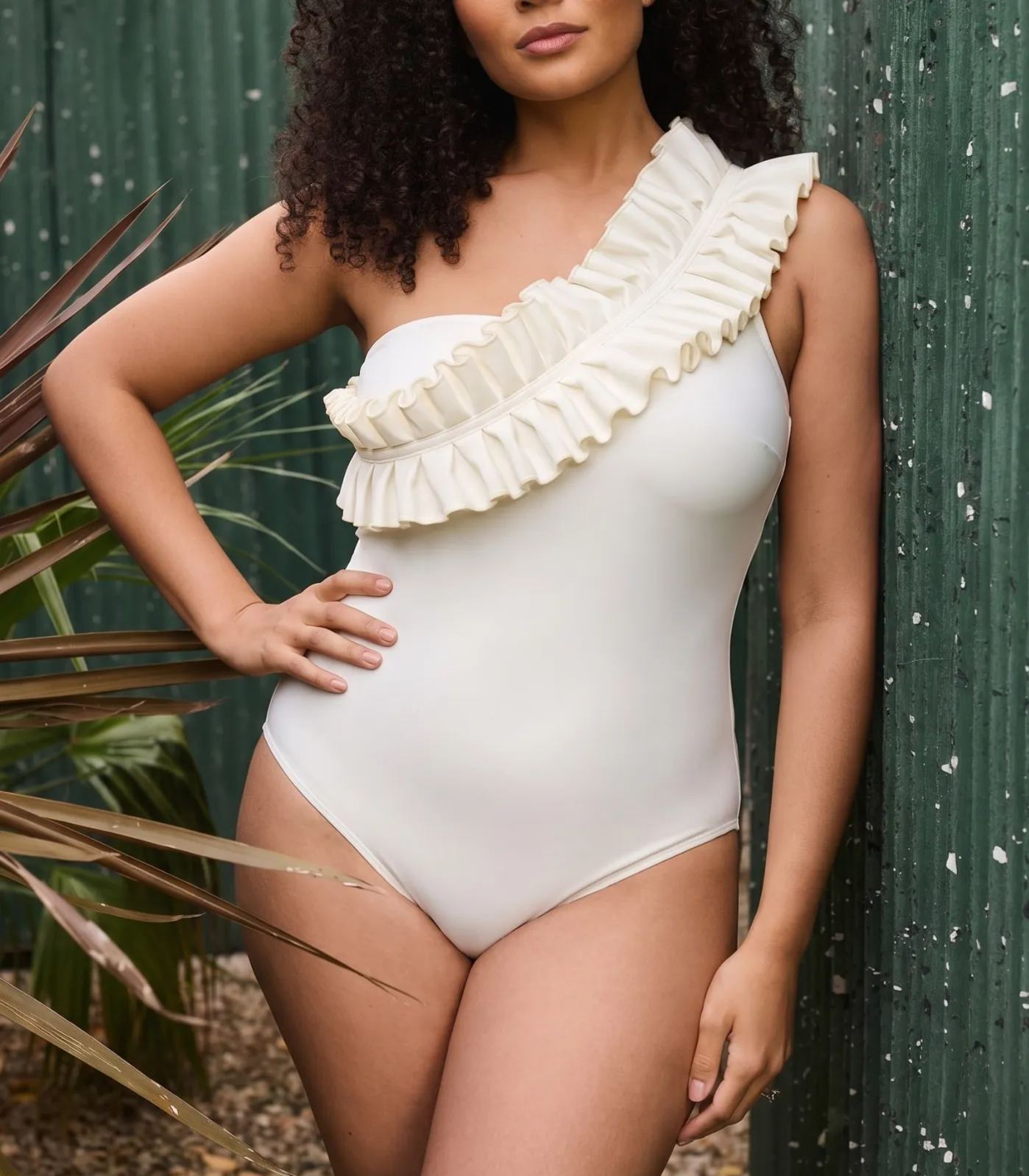 Plus Size One Shoulder Ruffle White One Piece Swimsuit and Skirt Flaxmaker