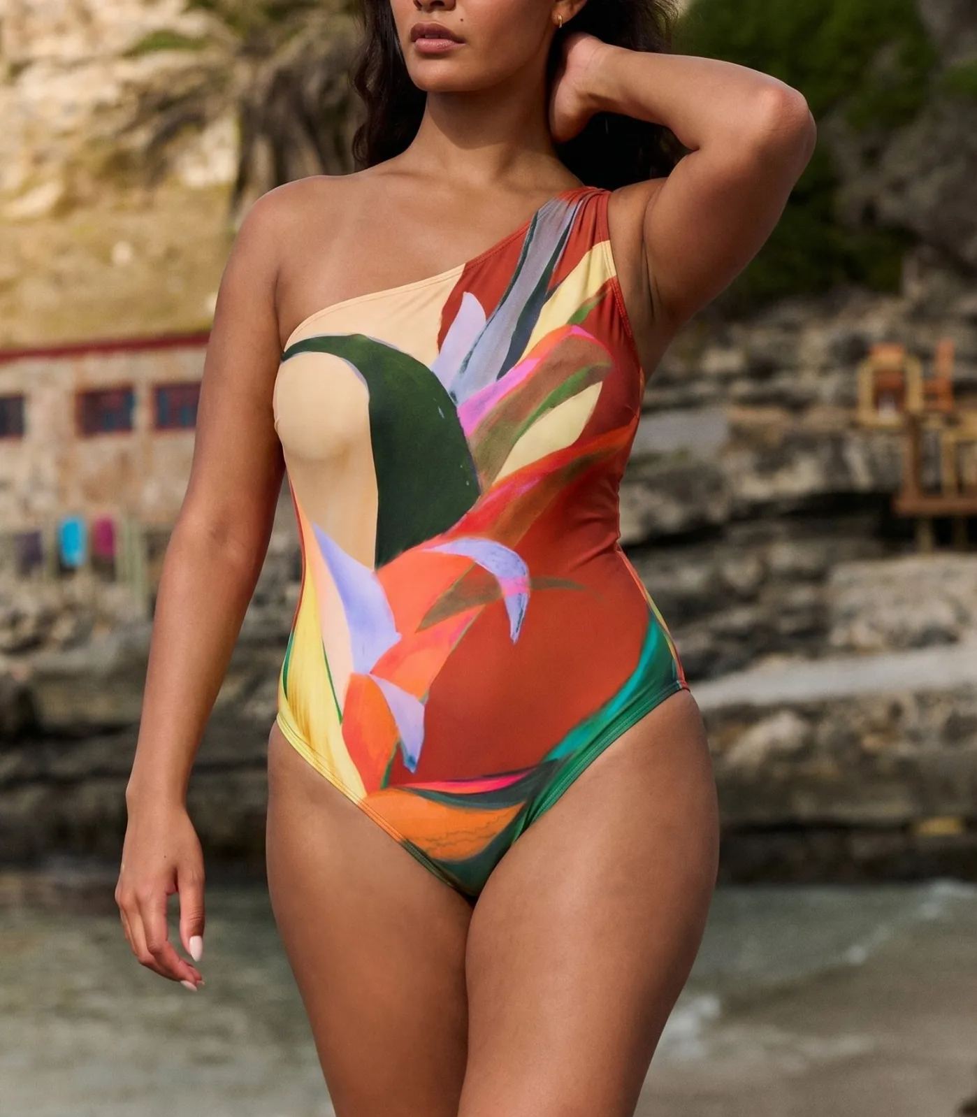 Plus Size One Shoulder Printed One Piece Swimsuit and Skirt