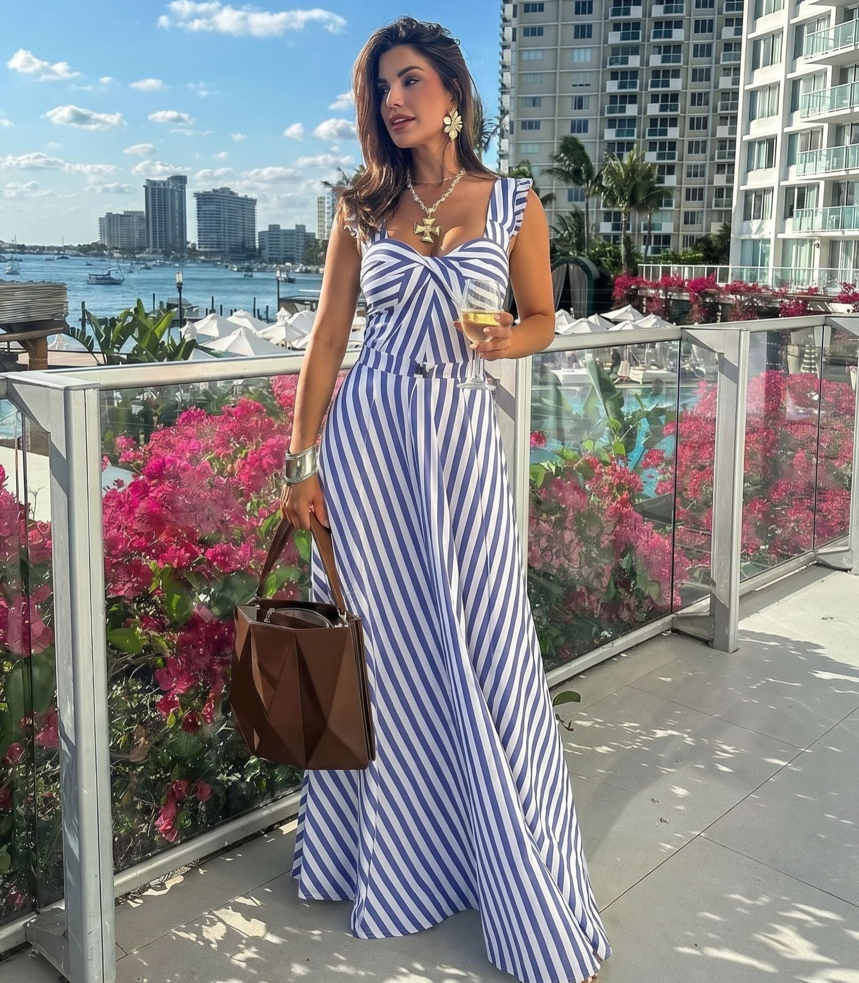 Plus Size Ruffle Striped Print One Piece Swimsuit and Skirt