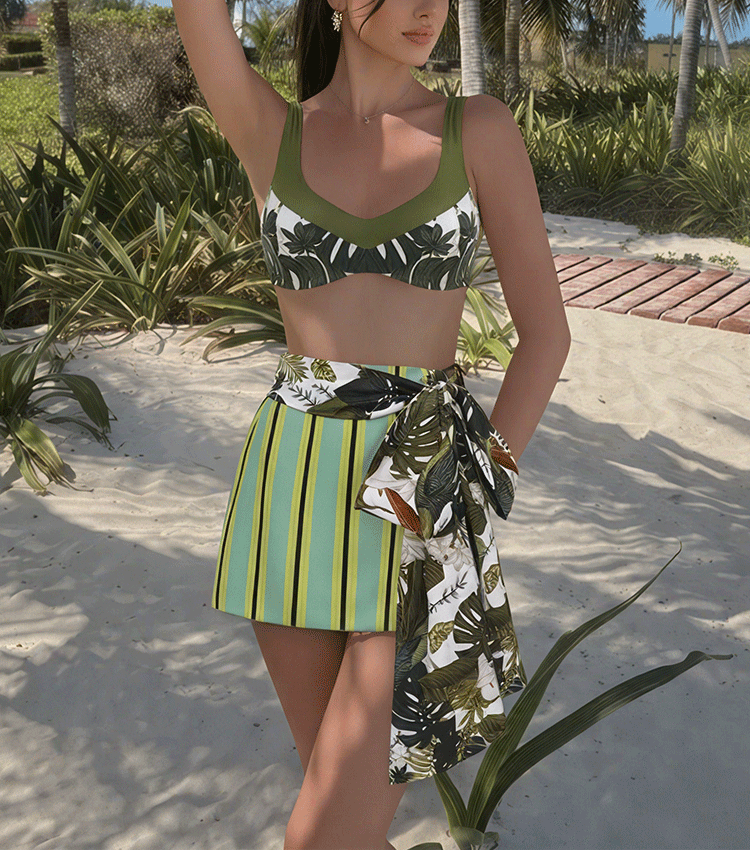 Reversible Green Plant Print High Waist Bikini Swimsuit Set(s)