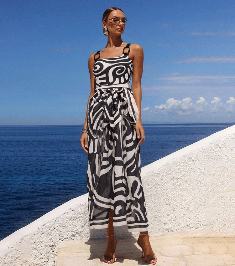 Adjustable Shoulder Straps Black Tribal Print Swimsuit Set(s)