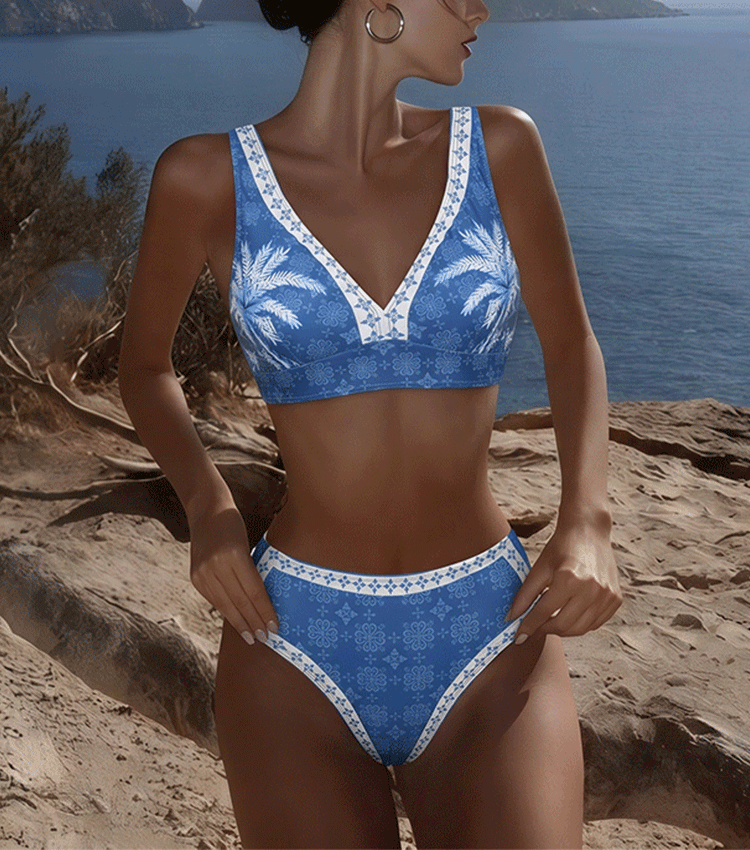 V Neck Blue Coconut Tree Print Bikini Swimsuit Set(s)