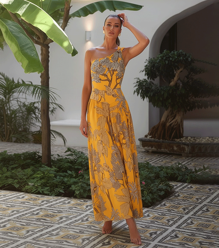 One Shoulder Yellow Printed Swimsuit Set(s)