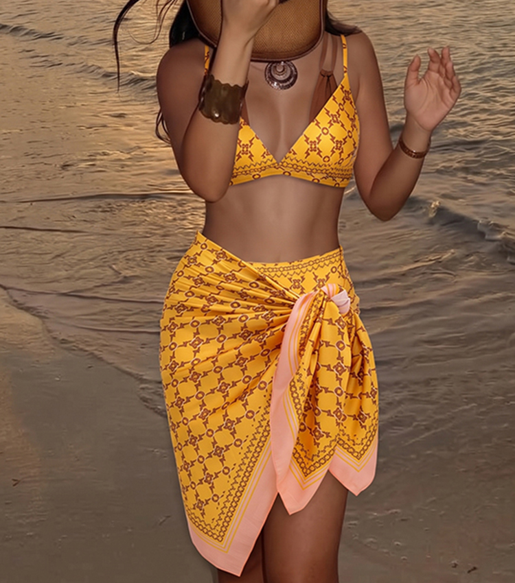 Faux-layered Retro Printed Bikini Swimsuit Set(s)